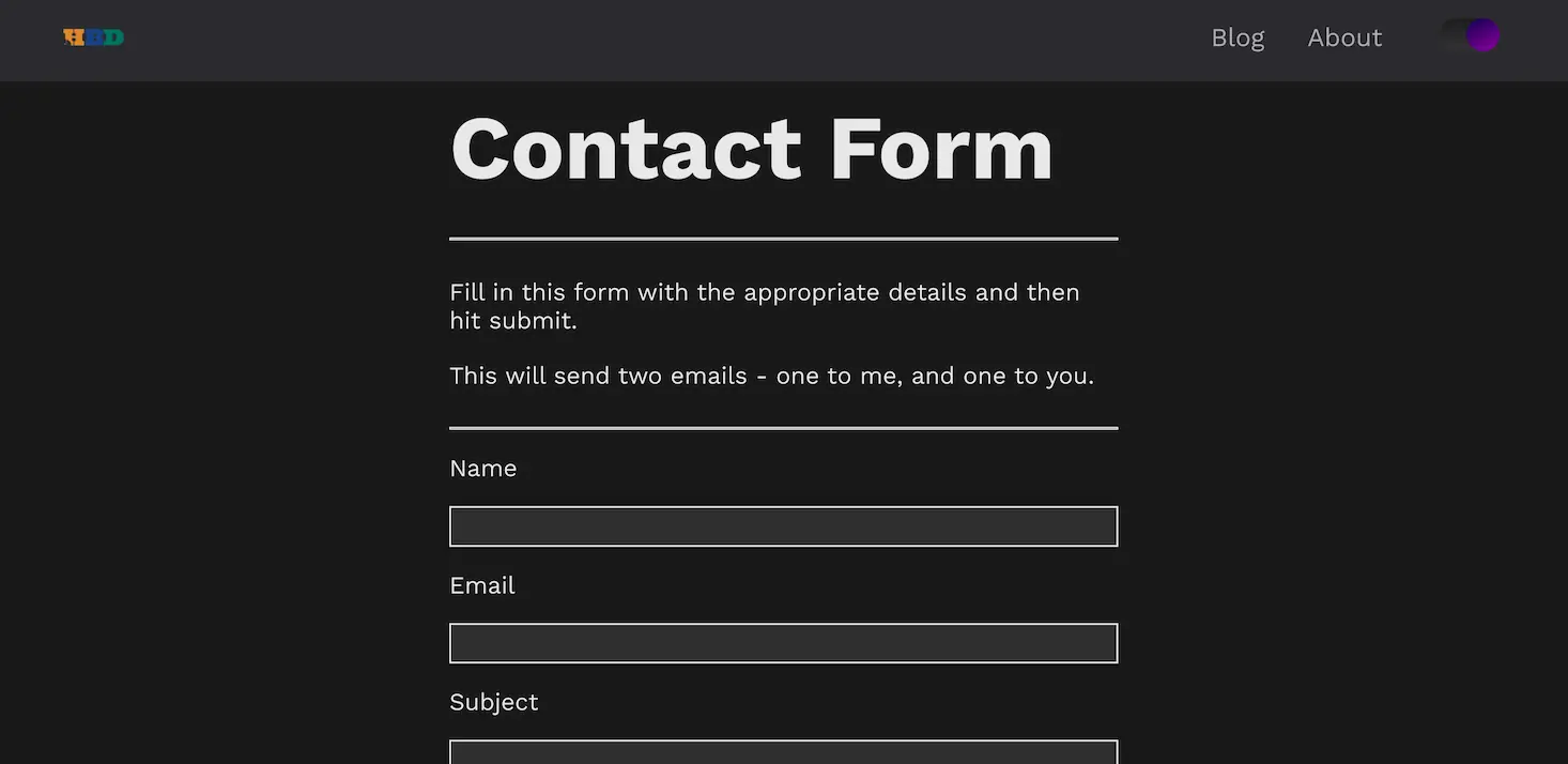 Screenshot of the contact form page.